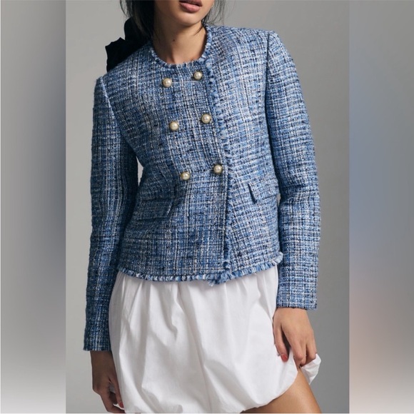 ANTHROPOLOGIE Maeve Double Breasted Tweed Blazer Cropped Size 6 Blue White - Picture 8 of 8